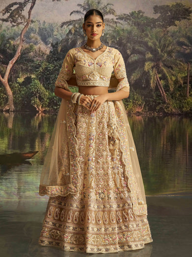 Captivating Cream Net Dori Embroidered Engagement Wear Lehenga Choli